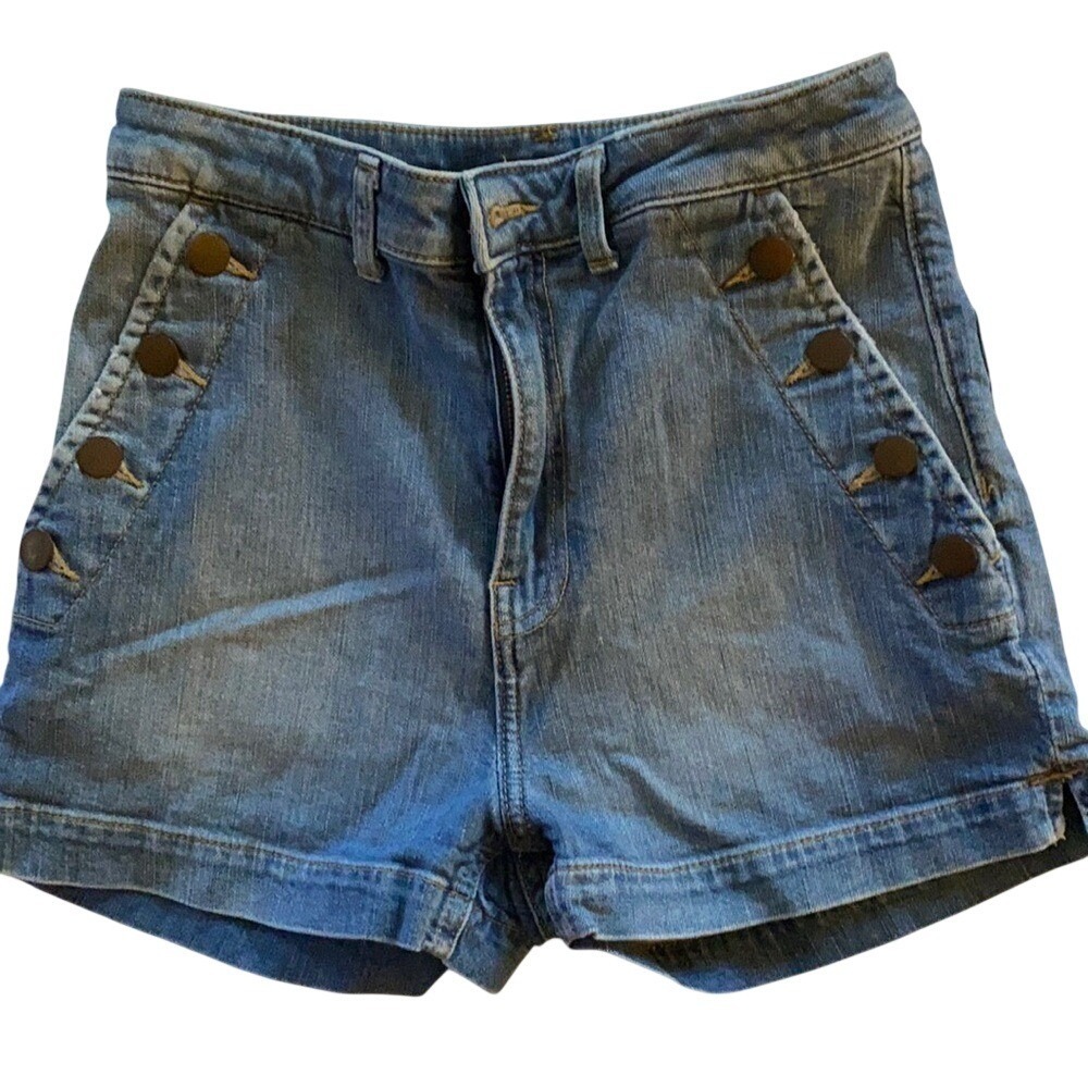 H&M Denim Sailor Shorts Button Fly High Waisted Blue Women's Size 8
